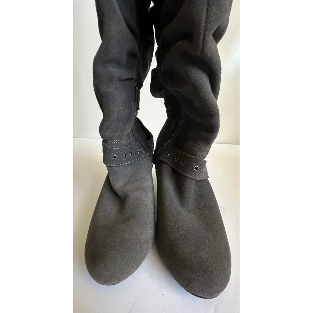 Y2K Naughty Monkey Over The Knee Suede Wedge Boots Gray Grommet Buckle 8
